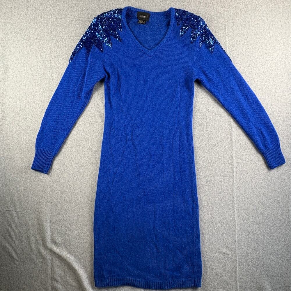 Vintage 1980s Royal Blue Sweater Dress Fitted Sequin Shoulder Pads Nilani Silk 8
